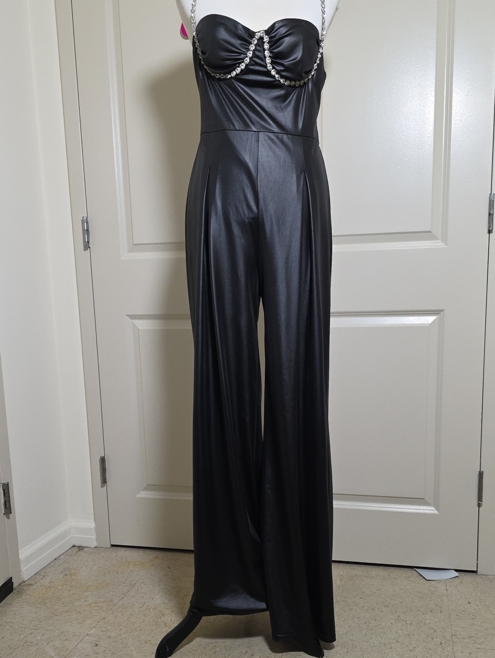 Fashion Nova Black Strapless Wide-Leg Jumpsuit with Chain Accents